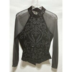MSK Womens L‎ Black Beaded Sparkle With Mesh Sleeves Top